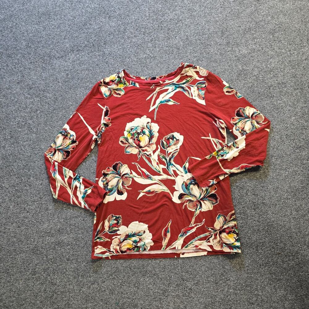 Chicos Top Womens Size Medium Orange Floral Long Sleeve Stretchy Casual Fall